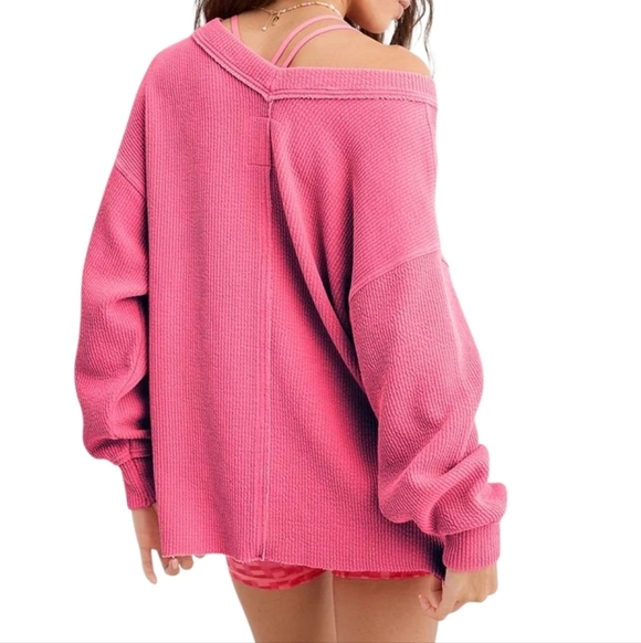 AERIE Wonder Texture V-Neck Pullover Oversized Sweatshirt In Light Pink - Picture 13 of 13